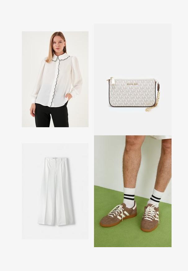 Weiße Bluse mit einem gewellten Kragen, ausgestattet mit einem schwarzen Saum und einer Knopfleiste. Lange Ärmel mit elastischen Bündchen, aus einem transparenten Material gefertigt.; Bershka WIDE-LEG TAILORED - Stoffhose - white; Braune Wildleder-Sneaker mit weißen Akzenten und Schnürsenkeln. Gummisohle in Kautschuk-Optik. Getragen mit weißen Socken, die schwarze Streifen haben. Grüner strukturierter Fußboden.; Michael Kors Clutch in beige beschichtetem Canvas mit einem wiederholten MK-Logo-Muster, goldfarbener hardware und einem abnehmbaren Kettenriemen.