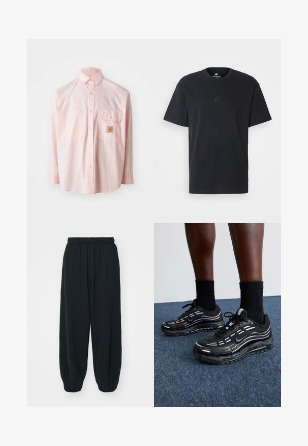 Lys rosa skjorte med knapper, to brystlommer og et logo-merke. Laget av bomull med klassisk krage og lange ermer.; Nike svart bomull T-skjorte med klassisk rund hals, korte ermer, og en subtil, preget logo på brystet. Glatt tekstur.; Sorte, joggebukser med elastisk liv, løs passform, mansjetter på ankler, glatt tekstur og uten synlige mønstre eller hardware-detaljer.; Sorte Nike-sko har en mesh-overdel med aksentstriper, teksturert snøring og en svart gummisåle. Brukt med svarte ribbede sokker.