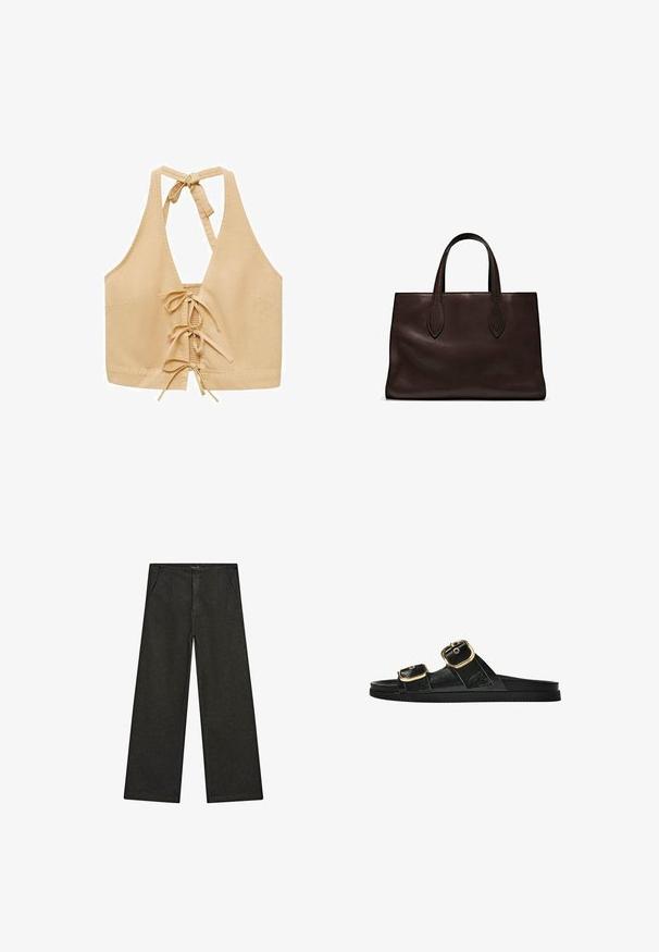Tan halter crop top with open back, featuring a tie closure and lace-up design at the front, made of soft fabric with a smooth texture.; Wide-leg black denim pants featuring a mid-rise waist, two front pockets, and a clean, minimalist design with no visible embellishments.; Black slide sandal with two gold buckle accents, smooth textured material, flat sole, and a minimalist design.; Brown leather tote bag with two elongated handles, structured rectangular shape, smooth texture, and subtle stitching details.