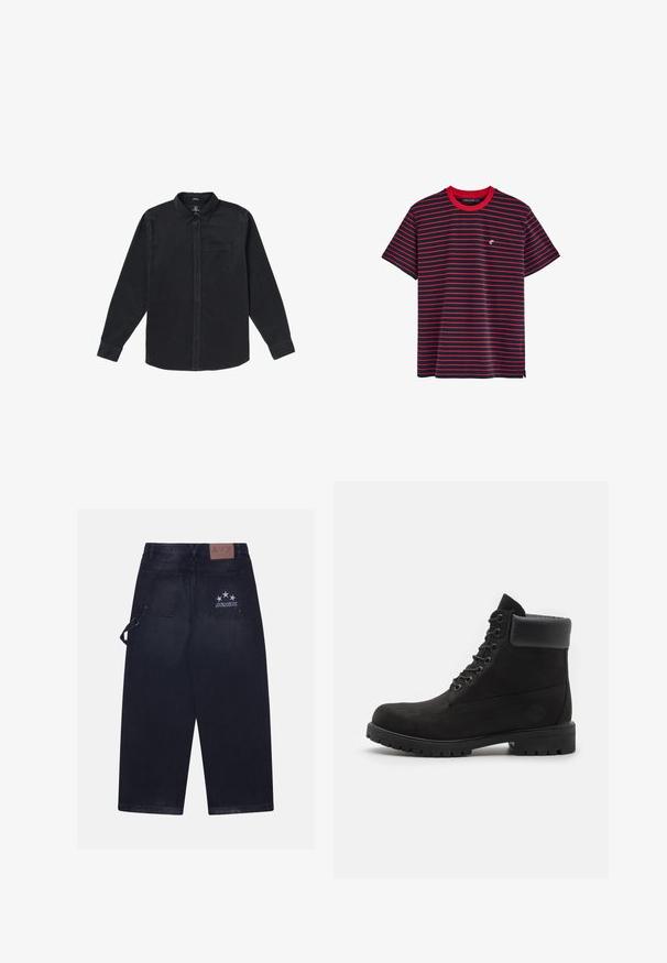 Czarna koszula z długim rękawem wykonana z miękkiego materiału, z kołnierzykiem zapinanym na guziki, kieszenią z przodu oraz zapięciem na guziki z przodu.; Niebieska koszulka z krótkim rękawem w czerwone poziome pasy, z czerwoną okrągłą szyją oraz małym logo na klatce piersiowej. Materiał z mieszanką bawełny.; Ciemnogranatowe spodnie dżinsowe o luźnym kroju. Posiadają dwie tylne kieszenie, skórzaną naszywkę z logo oraz wzór w pięć gwiazdek na jednej z kieszeni.; Czarne botki na kostkę z wiązaniem, z wyściełanym kołnierzem i solidną podeszwą, pokazane w profilu na białym tle.