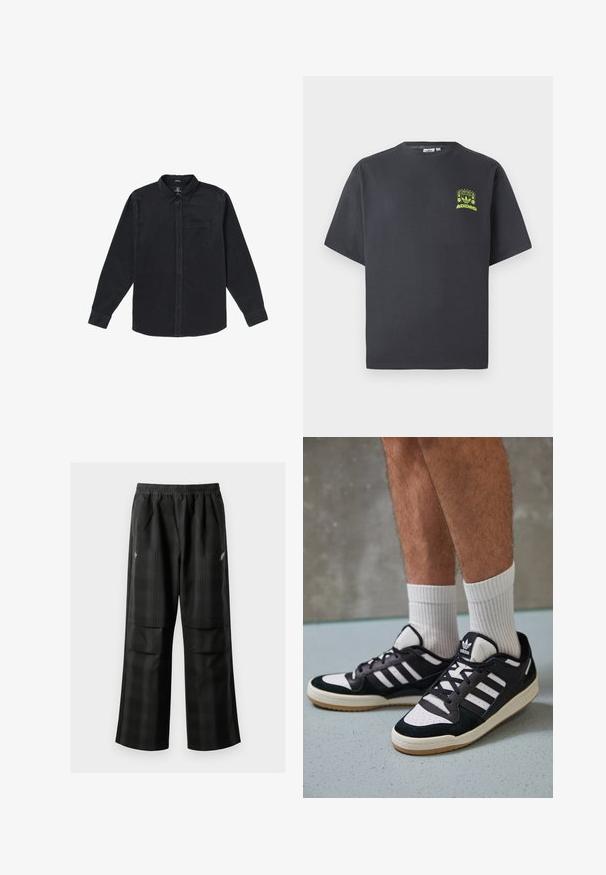 Černá košile s dlouhým rukávem vyrobená z měkkého materiálu, s límečkem na knoflíky, přední kapsou a knoflíkovým zavíráním na přední straně.; Tmavě šedé tričko Adidas s krátkým rukávem a malou neonově zelenou grafikou reproduktorů, slunce a loga Adidas na levé straně hrudníku.; Černé kostkované kalhoty s elastickým pasem, dvěma předními kapsami a volným střihem se rovnými nohavicemi. Vyrobeny z lehkého materiálu.; Černobílé tenisky s vrchní částí z semišové a kožené kůže, včetně tří bílých pruhů, perforovaného špičky a podrážky z gumy.