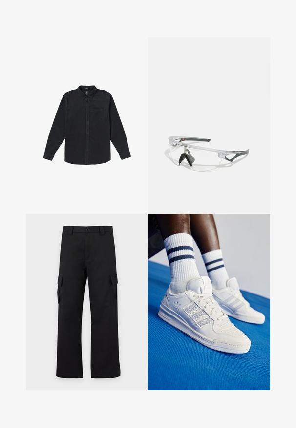Zwarte langemouwen shirt van zachte stof, met een button-down kraag, een voorzak en knoopsluitingen aan de voorkant.; Zwarte cargobroek met een recht gesneden ontwerp. Gemaakt van duurzaam materiaal, met twee zijzakken met klep en een knoopsluiting.; Witte leren sneakers met geperforeerde accenten, drie metalen strepen en een textuurpanel aan de zijkant. Draagt met witte sokken met blauwe strepen.; Duidelijke veiligheidsbril met een lichtgewicht, transparant montuur en grijze accenten. Bevat een rond lopend ontwerp en een verstelbare neuspiece.