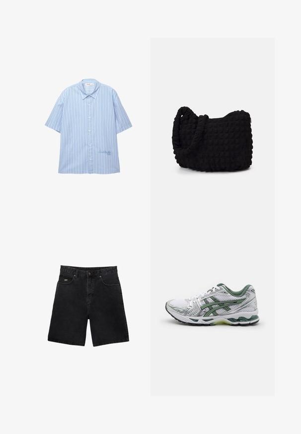 Lyhytnappinen paita vaaleansinisellä pohjalla ja valkoisilla pystysuorilla raidoilla. Siinä on klassinen kaulus ja hillitty brodeeraus helmassa.; Mustat farkkushortsit suoran leikkuun, viiden taskun, metallinappikiinnityksen ja hienovaraisella tuotemerkkilogolla etutaskussa.; Valkoinen juoksukenkä hopeisilla yksityiskohdilla, vihreällä verkkokollarella ja vihreillä raidoilla. Varustettu teksturoidulla verkko-yläosalla ja pehmustetulla pohjalla.; Musta kangaspussi, jossa on teksturoitu, tikkikuvio. Pyöreä muoto, lyhyet, paksut kahvat ja pehmeä, joustava rakenne.