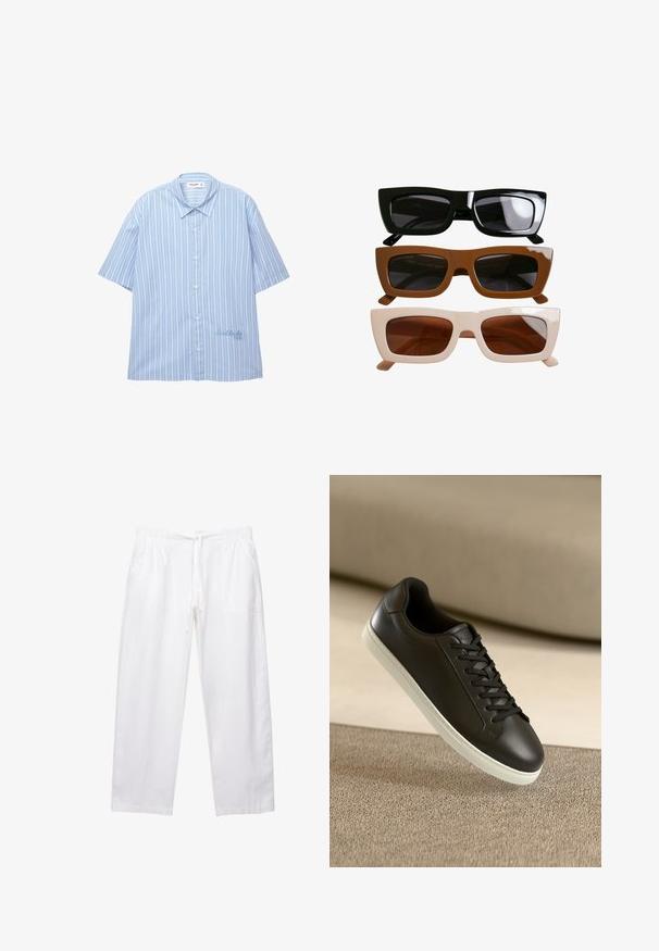 Világoskék, rövid ujjú gombos ing fehér függőleges csíkokkal. Klasszikus gallérral és diszkrét hímzett díszítéssel rendelkezik az alján.; Fehér, bő szabású nadrág könnyű anyagból. Gumis derékkal és zsinórral rendelkezik, valamint két oldalsó zsebe van.; Fekete bőr sportcipő fehér gumitalppal és fekete fűzőkkel, bézs szövetfelületen és háttérben elhelyezve.; Három pár téglalap alakú napszemüveg. Fent: fényes fekete keret sötét lencsékkel. Középen: matt barna keret. Alul: krémszínű keret barna lencsékkel.