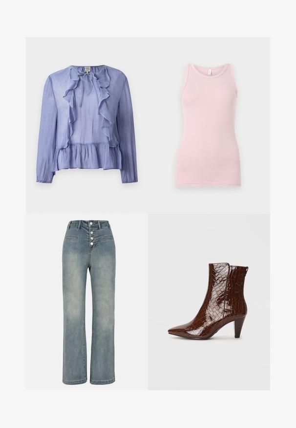 Light blue long-sleeved blouse with a ruffled neckline and peplum hem, made from a textured fabric, featuring a tie detail at the collar.; Light pink tank top made of soft, stretchy fabric. Features a round neckline and narrow shoulder straps, with a smooth texture and fitted shape.; Light blue denim wide-leg jeans with a high waist, five-button closure, and two front pockets. Smooth texture with subtle fading.; Brown faux leather ankle boots with a pointed toe, crocodile texture, and a 5 cm stacked heel. Side opening with no visible hardware.