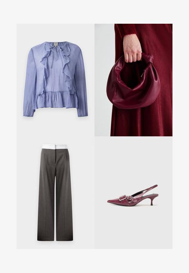 Heledsinine pika varrukaga pluus, millel on volangiga kaelus ja peplum alläär, valmistatud tekstuurilisest kangast, ning kaelas on sidumisdetail.; Tumed hallid, laiad püksid vertikaalsete triipudega. Vöökoht on valge ja elastne, luues kontrastse detaili.; Burgundi nahast slingback kingad terava varbaga, väikese kanna ja kahekordse pandla aktsentidega. Sile tekstuur koos õmblusdetailidega.; Burgundia värvi nahk käekott, millel on pehme, kokku tõmmatav disain ja ümar kuju. Käepide on kindlalt kinnitatud, näidates siledaid pindu.