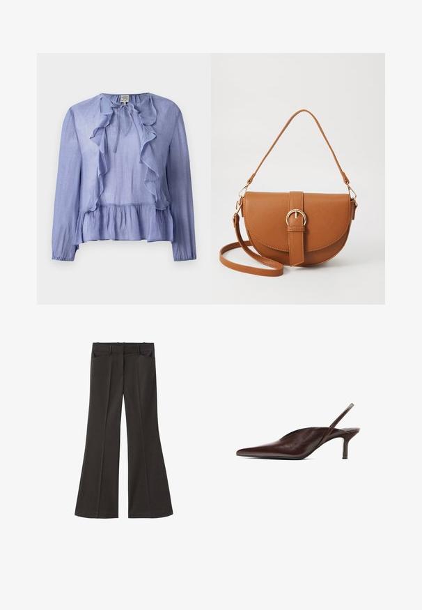 Blusa azzurro chiaro a maniche lunghe con colletto arricciato e orlo peplum, realizzata in un tessuto testurizzato, con un dettaglio a fiocco al colletto.; Pantaloni neri a zampa d'elefante con vita alta; presentano due tasche frontali e una texture del tessuto liscia. Adatti per varie occasioni.; Décolleté slingback in pelle marrone con punta appuntita, tacco basso e finitura testurizzata. Caratterizzata da una sottile cinghia e una fodera interna liscia.; Borsa a tracolla in pelle marrone con forma curvata, hardware dorato e un dettaglio con fibbia. Presenta una tracolla rimovibile.