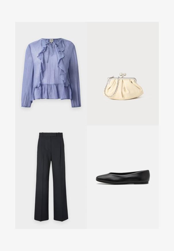 Gaiši zila garām piedurknēm blūze ar krokošotu apkakli un pepluma apakšmalu, izgatavota no teksturēta auduma, ar saišu detaļu apkaklī.; Tumši zili svītraini bikses ar augstu jostu, platu kāju dizainu un bez redzamiem aksesuāriem vai rotājumiem. Gluda tekstūra un pielāgota forma.; Paul Smith TOPANGA - Balerīnas laiviņas - black; Rūpīgi pleatota bežīga ādas somiņa ar sudraba metāla rāmi, kurai ir divas apaļas dekoratīvas sprādzes un sudraba ķēdes siksna.
