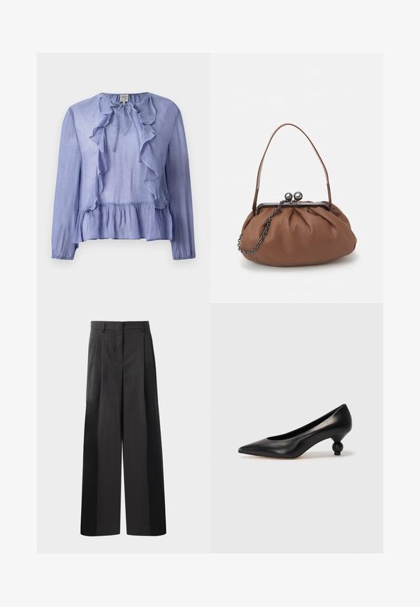 Blusa azzurro chiaro a maniche lunghe con colletto arricciato e orlo peplum, realizzata in un tessuto testurizzato, con un dettaglio a fiocco al colletto.; Pantaloni neri a gamba larga con vita alta, caratterizzati da pieghe frontali, una texture liscia e una finitura sartoriale. Progettati per un fit rilassato.; Scarpa con tacco alto in pelle nera, con punta affilata e tacco arrotondato e bombato. Texture liscia con un design elegante e minimalista.; Borsa a tracolla in pelle marrone con un design arricciato, manico corto in pelle e tracolla a catena. Presenta una chiusura in metallo argentato con due accenti rotondi.