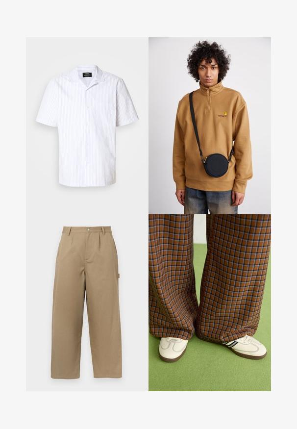 Korte mouwen shirt in wit met lichtblauwe verticale strepen, voorzien van een puntige kraag en een enkele borstzak.; Beige wijde broek van een katoenmix, met een hoge taille, voorvouwen en twee zijzakken met een knoopsluiting.; Bruine en blauwe geruite wijde broek, gecombineerd met witte schoenen met zwarte accenten en een gestructureerde zool, gezet tegen een groene achtergrond.; Bruine fleece sweatshirt met kwart rits en geborduurd logo, met een zwarte ronde crossbody tas met rits en logo detail, gedragen over denim.