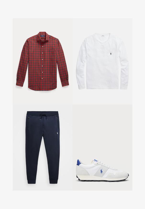 Červená károvaná košile s límečkem na knoflíky, dlouhými rukávy a malým logem. Vyrobená z tkané látky s bílými knoflíky a modrými detaily.; Bílé tričko s dlouhým rukávem vyrobené z bavlny. Má kulatý výstřih a malý námořnicky modrý logotyp na levé straně hrudi. Hladká textura, jednoduchý design.; Námořnické joggingové kalhoty vyrobené z měkké směsi bavlny, s nastavitelným pasem, zapínacími kapsami a malým logem na levém stehně.; Bílé atletické tenisky se šedými semišovými akcenty, vrchní část z yesu, modrý pata a černá gumová podrážka. Disponují šněrováním a logem.