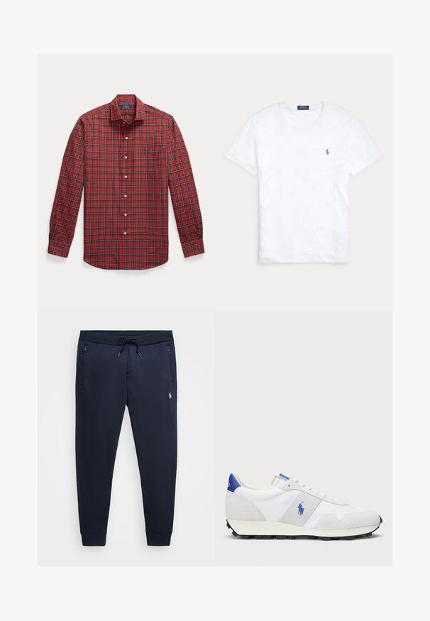 Sarkana pleda krekls ar pogājamu apkakli, garām piedurknēm un nelielu logotipu. Izgatavots no austas auduma ar baltām pogām un ziliem akcentiem.; Balts īs piedurkņu kreklis ar apaļu kakla izgriezumu, uz kura kreisā krūšu pusē ir Polo Ralph Lauren logo izšuvums.; Jūras spēku jogger bikses, kas izgatavotas no mīksta kokvilnas maisījuma, ar regulējamu jostasvietu, kabatām ar rāvējslēdzējiem un mazu logotipu uz kreisās augšstilba.; Baltas sporta apavi ar pelēku zamšādas akcentu, sieta augšdaļu, zilu papēža cilpu un melnu gumijas zoli. Iespējams, ir auklu aizdare un logo.