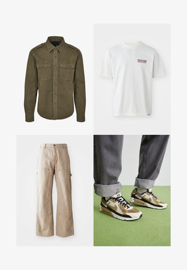 Olivno zelena srajca s gumbi, izdelana iz bombaža. Ima ovratnik, dve žepni žepek s poklopcem ter oblikovana ramena z vidnimi šivi.; Bela bombažna majica s kratkimi rokavi, okroglo izrezana in z rdečim logotipom na levi strani prsnega predela. Enostaven dizajn brez vzorcev.; Bež hlače širokega kroja, izdelane iz trdne bombažne tkanine. Imajo sprednje in stranske žepe, vidne šive ter kovinske dodatke na žepih.; Nike Air Max 90 športni copati v bež in črni barvi, s kombinacijo mrežnih in usnjenih materialov, vidno blaženje in črne vezalke.