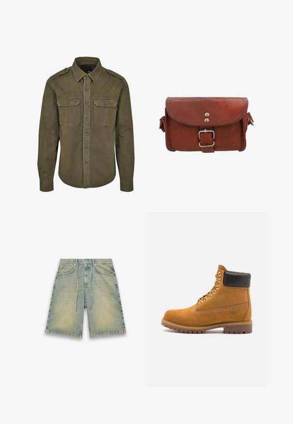 Olīvzaļš pogājams krekls, kas izgatavots no kokvilnas. Tam ir apkakle, divas krūšu kabatas ar atloci un strukturētas plecu daļas ar redzamām šuvēm.; Gaiši zili džinsu šorti ar elastīgu auklu vidusdaļā, priekšējām kabatām un bālētām tekstūrām. Ievērojama neliela krāsu izmaiņa un taisna griezuma siluets.; Brūna zamša potīte ar melnu izšuvumu ap kaklu, zelta metāla acu caurumi, balta šuvju apdare un izturīgs gumijas zole ar izteiktu zīmējumu.; Brūns ādas soma ar flap slēgšanu, sudraba aparatūras sprādze un kontrastējošs izšuvums. Kompakta taisnstūra forma ar gludu tekstūru.