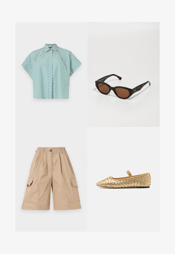 Korte mouwen shirt met verticale groene en witte strepen, een button-down kraag en een ontwerp met een voorpatiënt.; Beige cargo shorts met een elastische tailleband, knoopsluiting, twee zijzakken en twee cargozakken met klep- en knoopaccenten.; Loeffler Randall LEONIE SOFT BALLET FLAT - Ballerina's met enkelbandjes - gold; Zwarte schildpadvormige zonnebril met bruine lenzen, hoekig ontwerp en brede armen met een subtiele logo-detail. Soepele kunststof textuur.