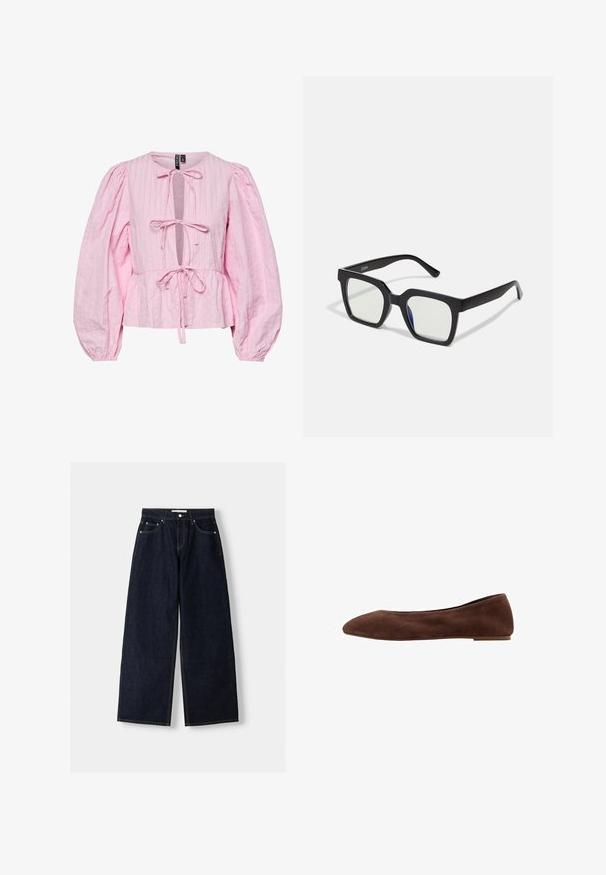 Svetloružová rebrovaná blúzka s krivkou výstrihom, detailom na zaviazanie vpredu a puffovými dlhými rukávmi. Peplum lem pridáva objem v oblasti pása.; Tmavomodré denimové nohavice s širokými nohavicami a vysokým pásom, s piatimi vreckami, kontrastným prešívaním a striebornými kovovými doplnkami. Hladká textúra a čisté prevedenie.; Hnedé semišové baletky s špicatou špičkou, plochou podrážkou a hladkým povrchom. Elegantný dizajn bez viditeľných kovových prvkov alebo akcentov.; Čierne slnečné okuliare s matným povrchom, so priehľadnými šošovkami a jemným modrým odtieňom na jednej strane. Robustný, uhlový dizajn.; Červená syntetická kožená taška cez rameno s prehnutým klapkovým uzáverom, strieborné cvoky na popruhu a potlačou loga "Desigual".
