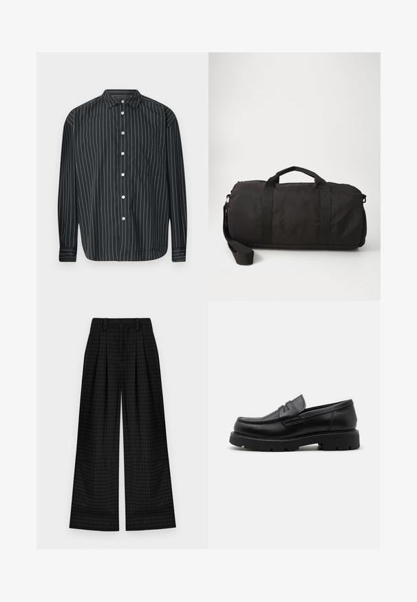 Chemise noire à manches longues avec des rayures verticales blanches fines, une poche poitrine unique, un tissu lisse et un col classique.; T-shirt en coton noir avec un col rond, des manches courtes et un logo ovale texturé dans une teinte plus foncée sur la poitrine. Étiquette de marque rouge sur le col.; Pantalons larges à carreaux noirs avec plis, présentant une texture lisse et un design classique. Tissu léger pour plus de confort.; Mocassins en cuir noir avec un bout arrondi, des accents texturés à l'avant et une semelle en caoutchouc épaisse avec des rainures pour une meilleure adhérence.; Sac de sport noir en tissu durable, doté de deux poignées supérieures, d'une bandoulière amovible et d'une forme lisse et arrondie.