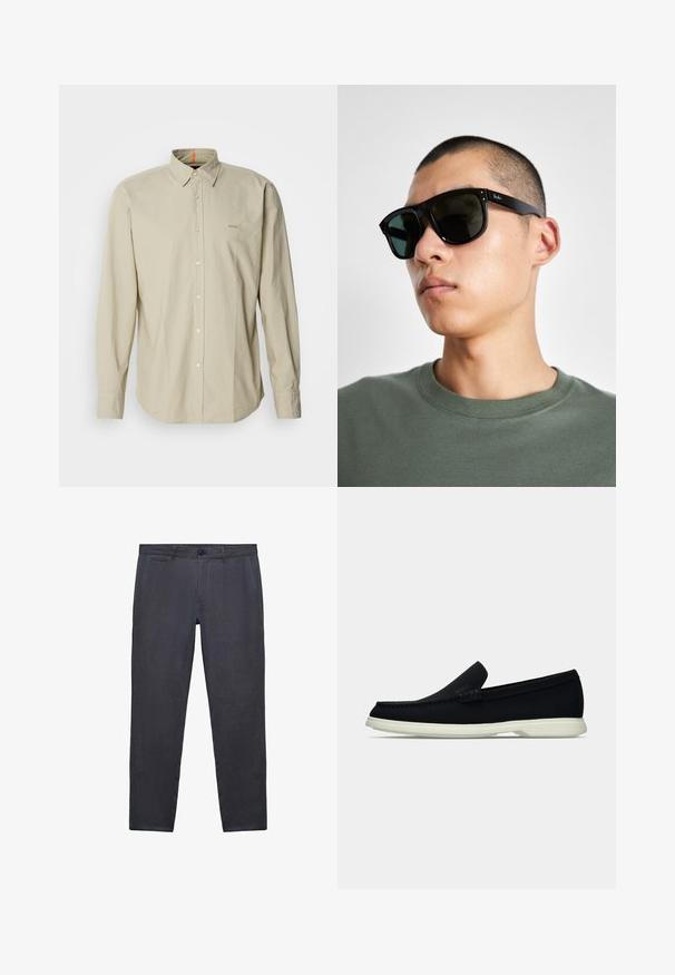 Beige long-sleeve button-up shirt with a structured collar, featuring a patch pocket and subtle logo embroidery on the chest. Smooth, lightweight fabric.; Dark gray trousers made of textured fabric, featuring angled front pockets, a button closure, and a slim leg design.; Black slip-on shoe with a rounded toe, featuring a textured upper, smooth white sole, and subtle branding detail on the side.; Black rectangular sunglasses with dark lenses, featuring a distinctive shape and branding on the temple. Worn by a person in a green shirt.