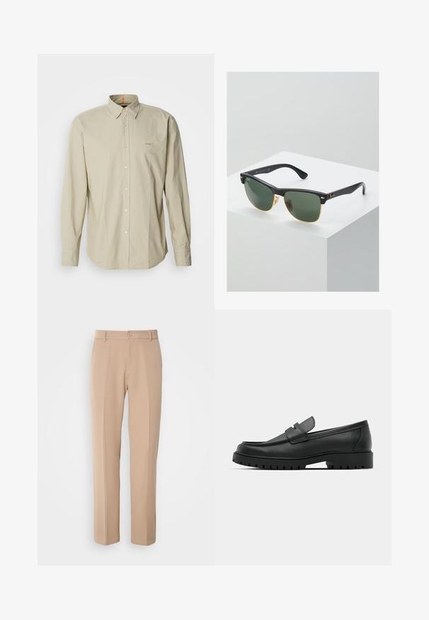 Beige skjorte med lange ermer og knapper, med en strukturert krage, som har en lomme på brystet og subtil logo-stikking. Glatt, lett stoff.; Beige bukser laget av et glatt stoff, med rett ben-design, frontknapp-lukking og subtile bretter langs fronten.; Sorte lærloafere med rund tå, med en syddesign, lav plattformsåle og en teksturert, ruggede gummisåle.; Ray-Ban solbriller med grønne linser, svarte plastikkrammer og gullkanter. Firkantet form med matt finish.