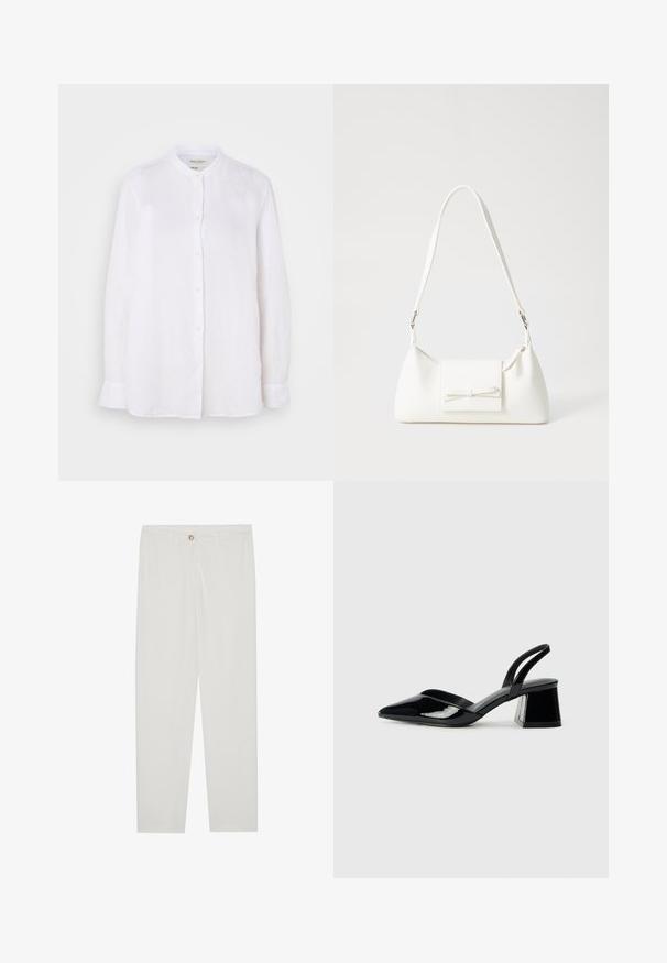 Witte linnen shirt met lange mouwen en een Mandarin kraag, met een knoopsluiting aan de voorkant en kleine ronde knopen. Eenvoudig ontwerp, geen patronen.; Witte, op maat gemaakte broek met een rechte pijpdesign, featuring een knoopsluiting, riemlussen en zijzakken; gladde stoftextuur.; Zwarte gepatineerde leren slingback hakken met een spitse neus en een geometrische blokhak. Kenmerkt zich door een slank, minimalistisch ontwerp en een gladde textuur.; Witte synthetische handtas met een driehoekige vorm, platte voorklep en strikdetail, verstelbare schouderriem, gladde textuur en minimalistisch ontwerp.