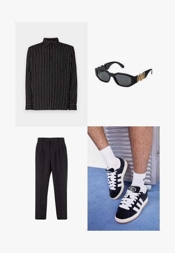 Fekete ing függőleges fehér csíkokkal, galléros kialakítással, hosszú ujjakkal, mellzsebekkel és gombos záródással. Az anyaga simának és könnyűnek tűnik.; Fekete nadrág, pliszézett elejű dizájnnal, sima anyagból készült. Gombos záródás és övhurkok jellemzik; egyenes szabású.; Fekete velúr sportcipők fehér fűzőkkel és három fehér csíkkal. A nyelvén egy kör alakú fekete logó található, valamint egy gumis talp.; Fekete napszemüveg tömör, geometriai kerettel, sötét lencsékkel és arany fém kiegészítőkkel a halántékon, kerek embléma részlettel.