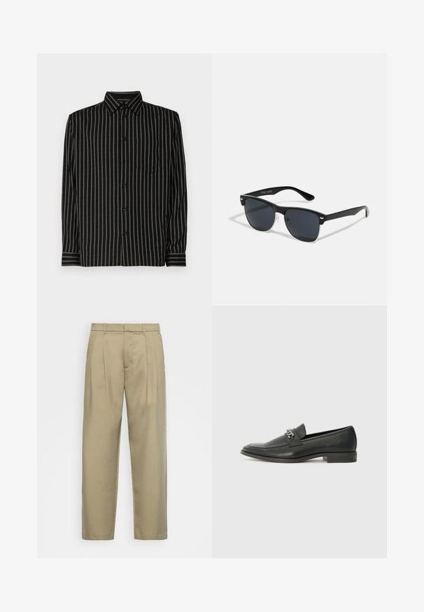 Chemise noire à rayures verticales blanches, avec un design à col, des manches longues, une poche poitrine et une fermeture à boutons. Le tissu semble lisse et léger.; Pantalons beiges taille haute avec une coupe droite, présentant un devant plat, des poches latérales et un tissu lisse au toucher.; Mocassin en cuir noir avec une finition lisse, présentant un design cousu et une accent décoratif en chaîne métallique sur le rand. Talon plat.; Lunettes de soleil noires de forme rectangulaire, verres foncés, accents argentés aux tempes et finition mate sur la monture.