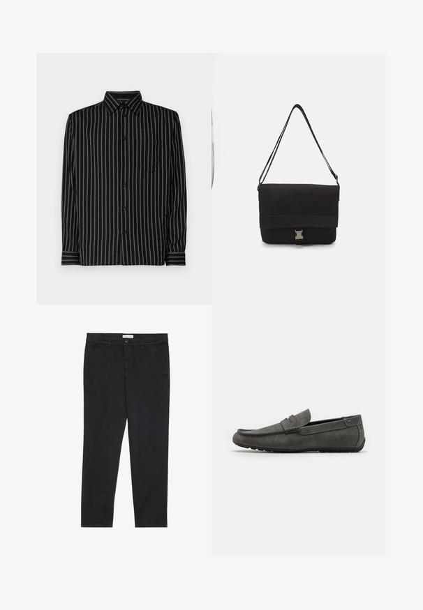 Fekete ing függőleges fehér csíkokkal, galléros kialakítással, hosszú ujjakkal, mellzsebekkel és gombos záródással. Az anyaga simának és könnyűnek tűnik.; Fekete pamut nadrág, slim fit fazonban, két oldalsó zsebbel és elülső gombos zárással. Textúrált anyag finom részletekkel.; Szürke velúr loafer, lekerekített orral, varrott részletezéssel és lapos gumitalppal. A cipő sima textúrával rendelkezik, és elöl egy csatt kiegészítő található.; Fekete üzenetküldő táska sima anyagból, hajtókás fedéllel, ezüst csattal és állítható vállpánttal.