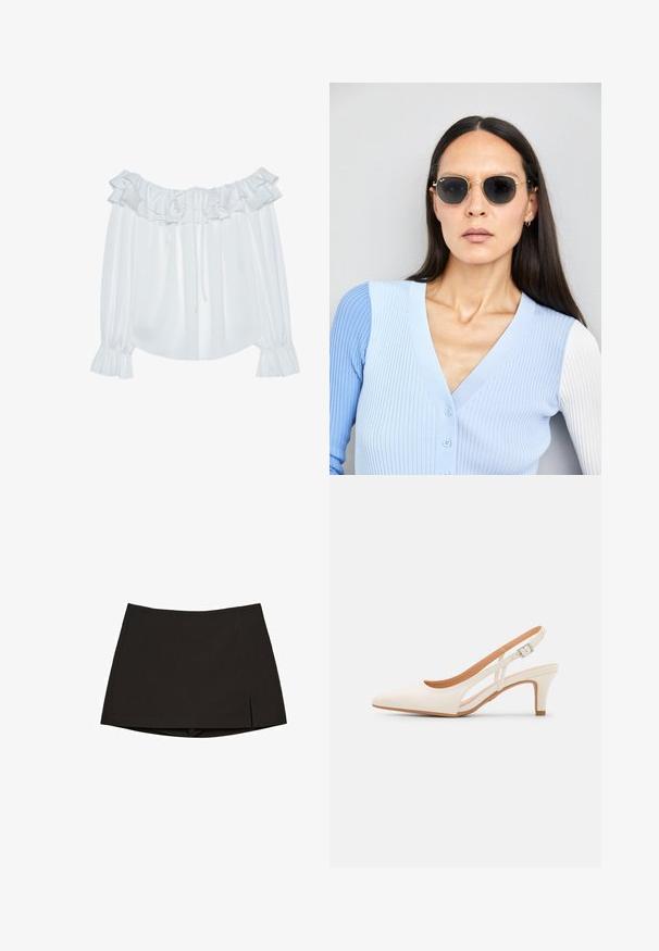 Biała bluzka odsłaniająca ramiona, wykonana z gładkiego materiału, z falbanistym dekoltem, sznurkiem z przodu i elastycznymi mankietami.; Czarna mini spódnica wykonana z gładkiego materiału, o prostym kroju z bocznymi rozcięciami i czystym wykończeniem. Prosta i uniwersalna.; Biała szpilka slingback z ostrym noskiem, gładkim materiałem wierzchnim, niskim obcasem blokowym oraz wycięciami po bokach i regulowanym paskiem z klamrą.; Okrągłe okulary przeciwsłoneczne z ciemnymi soczewkami i złotymi ramkami. Modelka nosi jasnoniebieski kardigan w prążki z guzikami i białymi rękawami w kontrastowym kolorze.; Portfel na nadgarstek marki Michael Kors w beżowej, pokrytej płótnem, z powtarzającym się wzorem logo MK, złotym okuciem i odpinanym łańcuszkowym paskiem.