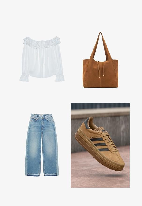 Weiße schulterfreie Bluse aus glattem Stoff, mit Rüschenausschnitt, Kordelzug vorne und elastischen Bündchen an den Ärmeln.; Helleblaue, weit geschnittene Jeans aus Denim, mit hoher Taille, Knopfverschluss, Vordertaschen und rohem Saum.; Beige Wildledersneaker mit glatter Oberfläche, drei dunklen Streifen, abgerundetem Zehenbereich und einer dickeren Sohle mit strukturiertem Rand.; Braune Wildleder-Tasche mit zwei langen Trägern, Zugverschluss und minimalistischem Design. Glatte Textur und keine sichtbaren Hardware-Details.