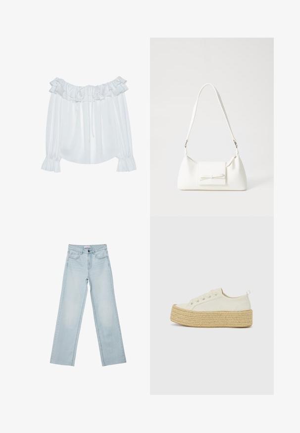 Bela off-the-shoulder bluzica iz gladke tkanine, z nabranim ovratnikom, sprednjim vrvico in elastičnimi rokavi s manšetami.; Svetlo modri široki kavbojke izdenima. Imajo pet žepov, gumbasto zaponko in zbledela podrobnost. Klasičen naravnost kroj s prostornim prileganjem.; Platfordski čevlji iz off-white platna z teksturiranim, tkanim jutenim podplatom. Imajo kovinske luknje in ravne vezalke. Oblikovani so s zaobljenim nosom.; Bela sintetična torbica v obliki trikotnika, z ravnim sprednjim poklopcem in detajlom mašne, nastavljivim trakom, gladko teksturo in minimalističnim dizajnom.