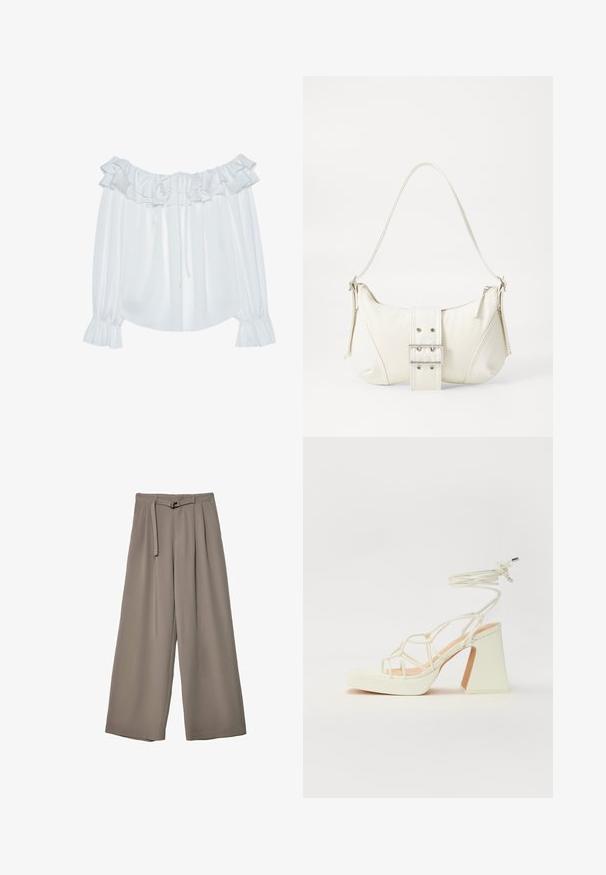 Weiße schulterfreie Bluse aus glattem Stoff, mit Rüschenausschnitt, Kordelzug vorne und elastischen Bündchen an den Ärmeln.; Weite Hose aus einem weichen, gedämpften grauen Stoff, mit einem taillierten Bund und Falten für zusätzliche Design-Details. Glatte Textur, keine Muster.; Weiße High-Heel-Sandale mit einem klobigen Absatz, die über ein Riemchendesign und ein Knöchelband verfügt. Glatte Textur mit einer Plattform vorne für zusätzliche Höhe.; Weiße Schultertasche mit texturierter Oberfläche, zentralem Schnallenakzent und geschwungener Form. Reißverschluss an beiden Seiten.