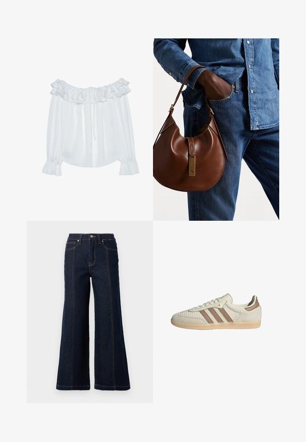 White off-the-shoulder blouse made of smooth fabric, featuring ruffled neckline, drawstring front, and elasticated cuffed sleeves.; Wide-leg jeans in dark denim. Features a high waist, two front pockets, and contrasting orange stitching along the seams.; Sneakers with a breathable cream mesh upper, brown leather accents, and three signature stripes. Light rubber sole with textured pattern.; Brown leather hobo bag with a rounded shape, featuring a gold hardware accent and contrast stitching. Paired with a denim shirt and jeans.