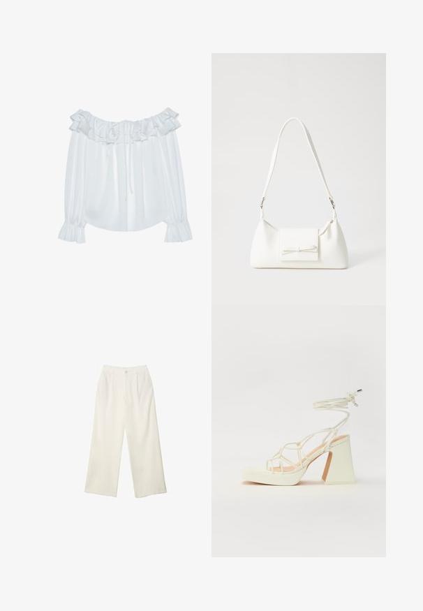 Biała bluzka odsłaniająca ramiona, wykonana z gładkiego materiału, z falbanistym dekoltem, sznurkiem z przodu i elastycznymi mankietami.; Spodnie z szerokimi nogawkami w kremowej tkaninie o gładkiej fakturze, z pojedynczym guzikiem z przodu, subtelnymi plisami i wysokim stanem.; Biała sandał na wysokim obcasie z masywnym słupkiem, z paskowym wzorem i wiązaniem przy kostce. Gładka faktura z platformą z przodu dla dodatkowej wysokości.; Biała syntetyczna torba o trójkątnym kształcie, płaskim przednim klapce i detalach w postaci kokardy, regulowanym pasku, gładkiej fakturze oraz minimalistycznym designie.
