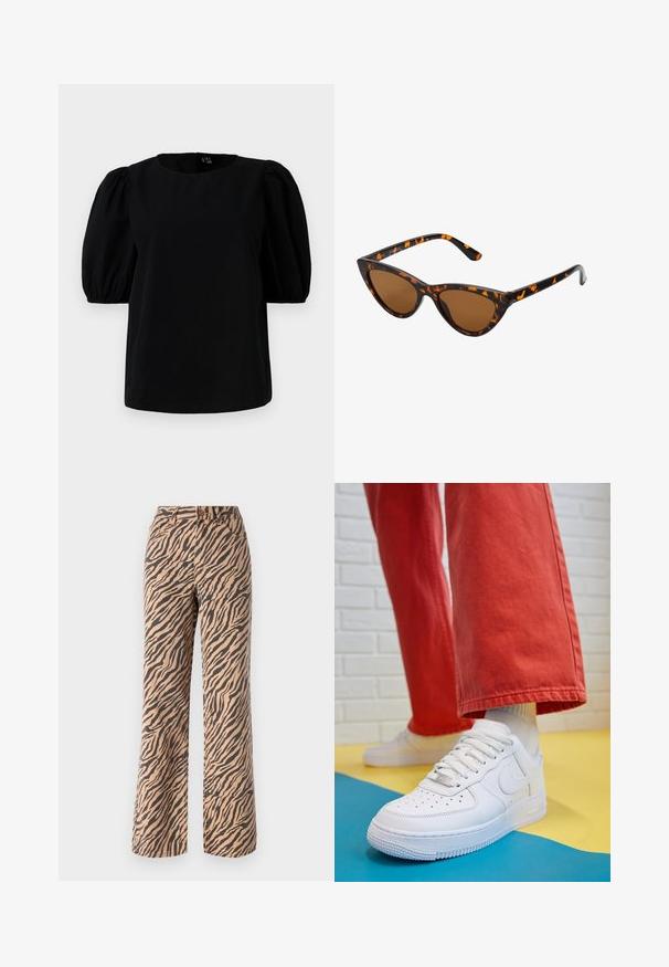 Top negru cu decolteu rotund și mâneci scurte pufoase. Materialul este neted, fără modele sau accente vizibile.; Pantaloni cu croi larg, cu un model în dungi de tigru în nuanțe de maro și negru, având talie standard și un design cu cinci buzunare.; Tenis alb din piele cu fanta pe vârful piciorului, talpă texturată și șireturi albe, purtat cu pantaloni larga roșii și un fundal albastru și galben.; Ochelari de soare în stil cat-eye, cu o ramă din material cu tortoiseshell negru și portocalie, lentile maro și vârfuri elegante, ascuțite. Prezintă un logo minimal pe brățara ochelarilor.