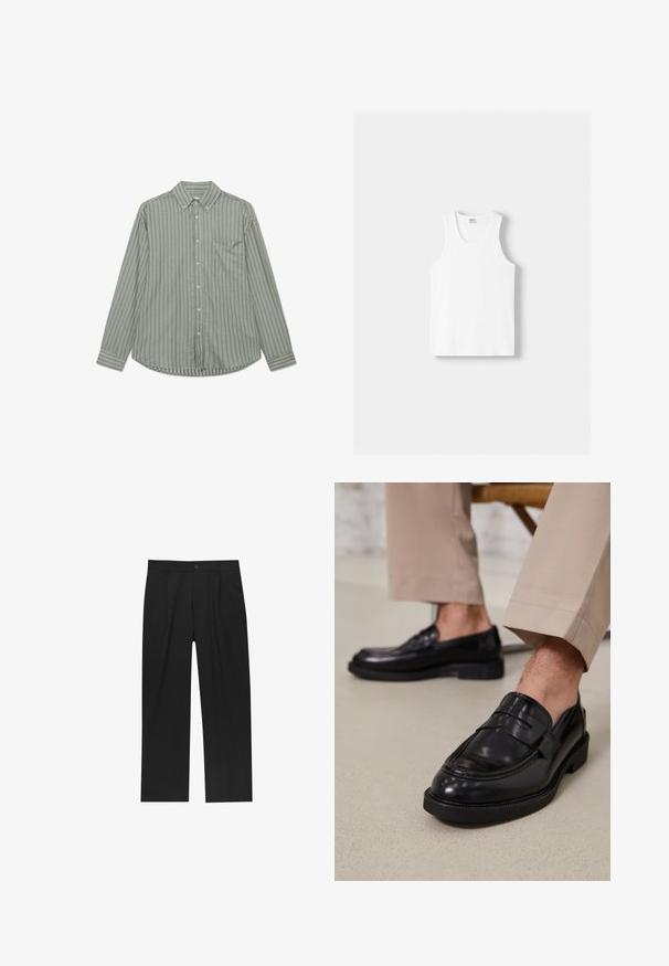 Majica s dolgimi rokavi v olivno zeleni barvi s pokončnimi belimi črtami, standardnim ovratnikom in žepom na levi strani prsnega dela.; Bela bombažna majica brez rokavov z okroglo izrezom, širokimi naramnicami in ravnim robom, ki se ponaša z gladko teksturo in brez vidnih vzorcev.; Črne hlače z ravnim krojem, narejene iz gladkega materiala. Imajo sprednje gube in enojno zaponko na pasu.; Črne usnjene loafer čevlje z gladko površino, ki imajo okrasno zaponko in kontrastno šivanje, v kombinaciji s bež hlačami.