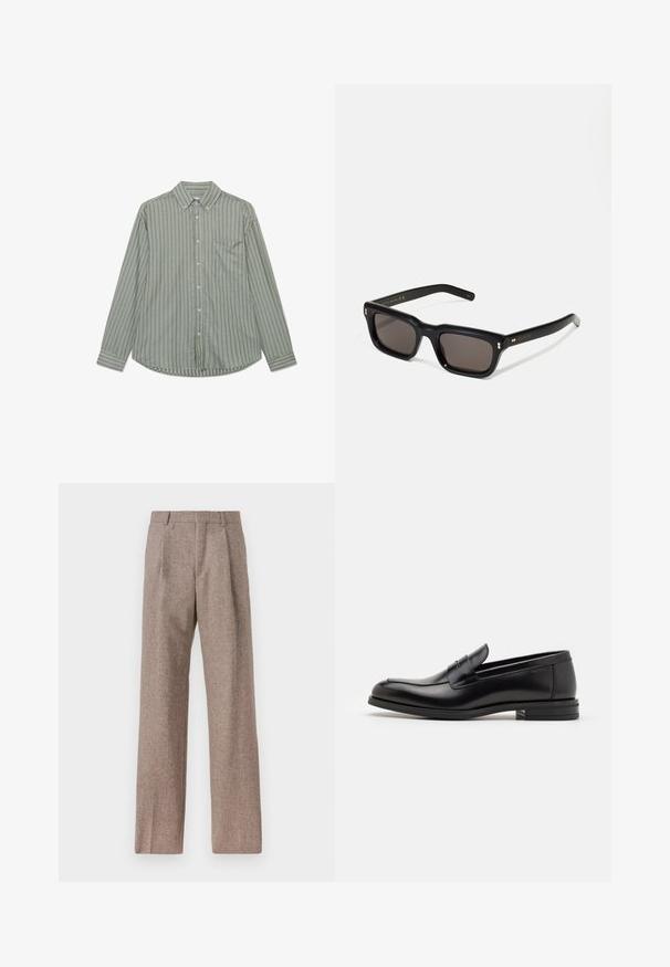 Cămașă cu mâneci lungi, în verde măslin, cu dungi verticale albe, guler standard și un buzunar pe piept, pe partea stângă.; Pantaloni bej, cu talie înaltă, dintr-un material texturat. Prezintă picioare late și două pliseuri frontale pentru structură. Finisaj îngrijit, fără accesorii vizibile.; Mocasini din piele neagră cu o textură netedă, vârf rotund și o curea decorativă peste partea superioară. Toc mic, design minimalist.; Ochelari de soare negri, rectangul care au lentile întunecate, ramă din plastic gros, accente aurii pe brațe și logo-ul brandului gravat pe mâner.