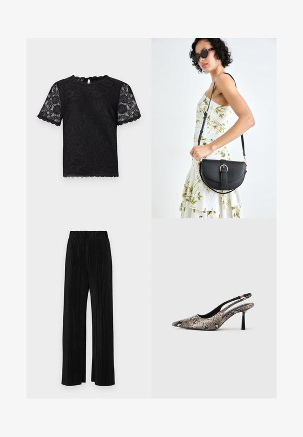 Mustmust lühikeste varrukatega t-särk, millel on lillemustrid, lainelised servad ja võtmeaugu tagadisain.; Mustad pleekitud püksid elastse vöökohtaga. Omavad laiad jalad ja sujuvat, tekstureeritud kangast vertikaalsete triipudega.; Kitsas varvusega slingback kingad, mis on valmistatud tekstuuriga maosarnase materjali toel, omavad saledat musta kõrget kontsa ja lõikega disaini külgedel.; Mustmust mustraha kõverate joontega, eemaldatava rihmaga ja kuldsete detailidega. Kotil on klapp, millel on pandladetail.