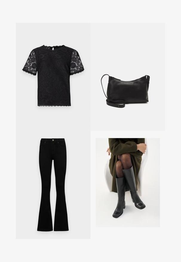 T-shirt preta de renda com mangas curtas, apresentando padrões florais, bordas scalloped e um detalhe em forma de buraco na parte de trás.; Jeans pretos de cintura alta com fecho de botão e zíper, bolsos frontais e pernas largas dispostos em cima de um fundo branco.; Botas de couro pretas até ao joelho com biqueira quadrada e salto em bloco, apresentadas com um modelo sentado num casaco verde-azeitona. Textura lisa, com detalhes mínimos.; Bolsa de ombro em pele preta com textura suave, forma curva, alça ajustável e fecho com zip. Design minimalista sem adornos.