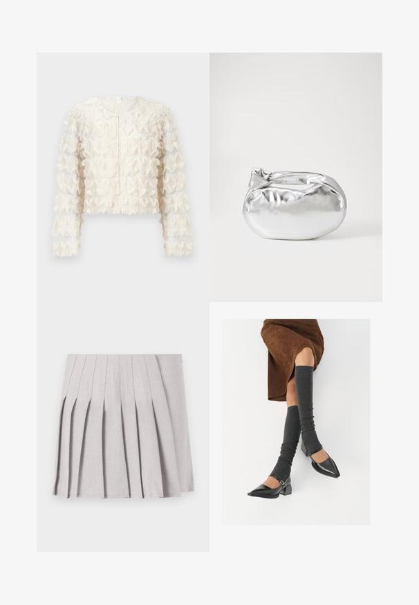 Chaqueta blanca corta arrugada con tejido transparente, mangas largas, escote redondo y detalles texturizados en todo el cuerpo. Cierre con cremallera en el frente.; Falda gris con pliegues y una textura suave, que presenta múltiples pliegues verticales y una cintura ajustada. Fabricada con un tejido ligero.; Zapatos de charol negros con punta afilada, tacón bloque y tira de tobillo, combinados con calentadores de piernas de canalé grises y una falda de ante marrón.; Bolsa de pouch metálica plateada con una forma suave y redondeada y un cierre en la parte superior con un nudo. Hecha de un material de imitación de cuero suave.