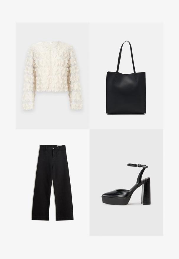 Rüschenweiße, kurze Jacke aus durchscheinendem Stoff, mit langen Ärmeln, rundem Ausschnitt und strukturierten Details entlang des Körpers. Mit Reißverschlussverschluss vorne.; Schwarze weit geschnittene Jeans mit hoher Taille, ausgestattet mit Vorder- und Hintertaschen, gesteppten Nähten und einem Knopfverschluss. Glatte Textur.; Schwarze Plateau-High Heels mit spitzem Zeh und verstellbarem Knöchelriemen. Gefertigt aus glattem Leder und mit einem klobigen Blockabsatz.; Schwarze Laptoptasche aus Leder mit glatter Textur, rechteckiger Form und zwei langen Griffen. Keine sichtbaren Beschläge oder Verzierungen.
