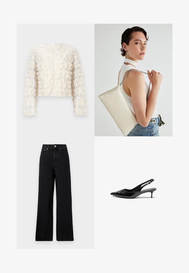 Nabrana bela skrajšana jakna iz prosojnega materiala, z dolgimi rokavi, okroglo ovratnikom in teksturiranimi podrobnostmi po celotnem telesu. Sprednji zadrga.; Črne kavbojke visoke pasu s širokim krojem, ki imajo pet žepov in srebrne kovinske dodatke. Splošna gladka tekstura.; Črne usnjene slingback pete z izostrenim nosom, majhno mačje peto in okrasno vozličasto podrobnostjo na sprednjem delu. Gladka tekstura po celotni površini.; Bela pravokotna torbica za ključe iz sijajnega materiala, opremljena s srebrno verižico. Model pozira in prikazuje torbico na enobarvni podlagi.