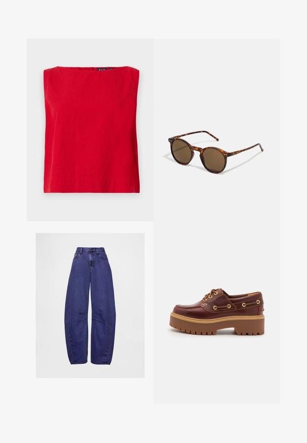 Rød kortærmet top med firkantet hals, lavet af letvægtsbomuld, der har en glat tekstur og en lige kant.; Højtsiddende, løstsiddende lilla denim jeans med forlommer, knaplukning og stikninger på knæområderne.; Brune læder bådsko med en kraftig brun gummisål, gyldne snørehuller og kontraststing. Har et logo på siden.; Runde solbriller med skildpaddefarvet stel og brune linser. Har tynde stænger med let tekstur og metalaccenter nær linserne.