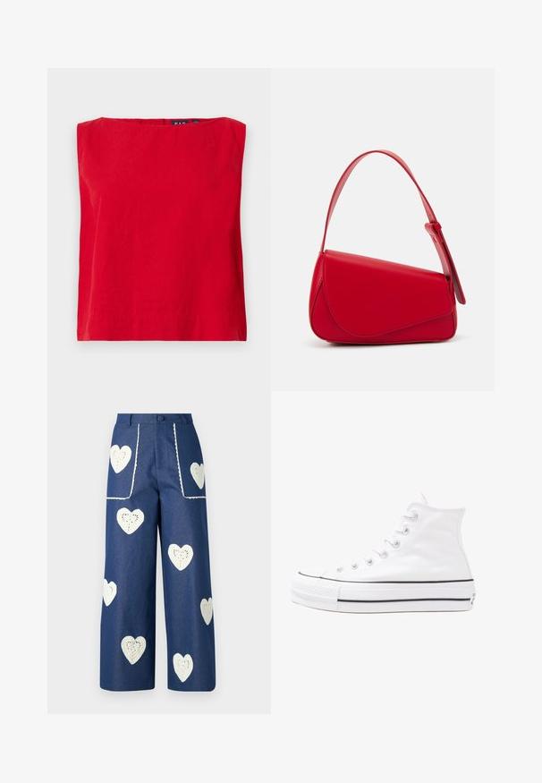 Rdeča majica s kratkimi rokavi in kvadratnim izrezom, izdelana iz lahkotne bombažne tkanine, z gladko teksturo in ravnim robom.; Sister Jane HEART TO HEART - Ravne kavbojke - blue denim; Beli visoki platneni športni čevelj z črnim gumijastim podplatom, sprednjim gumijastim zaščitnikom za prste in šestimi luknjicami za vezalke, ki se ponaša s preprostim, minimalističnim dizajnom.; Rdeča usnjena torba z angularnim, geometrijskim dizajnom. Ima en samostoječ nastavljiv ročaj in pokrov, zaprt z zapiranjem, ki je okrašen s šivi.