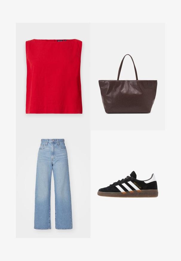 Rød kortærmet top med firkantet hals, lavet af letvægtsbomuld, der har en glat tekstur og en lige kant.; Lyseblå højtaljede bukser med bred benåbning, med frontknap og lynlås, samt for- og baglommer, på en hvid baggrund.; Sort Adidas sneakers med hvide striber, guld "Spezial" tekst, gummisål og hvid hælflap, vist i profil.; Brun vævet læder tote bag med to håndtag, en struktureret form og en tekstureret overflade, der har et diamantmønster i hele designet.