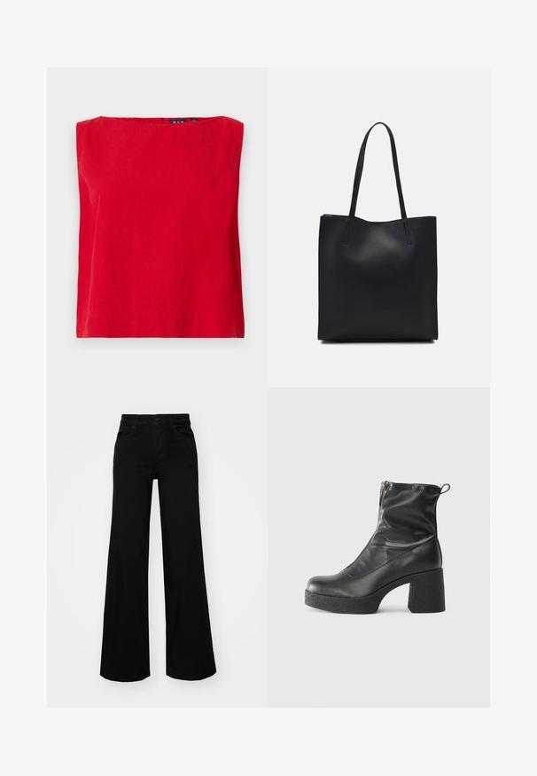 Červený top s krátkym rukávom a štvorcovým výstrihom, vyrobený z ľahkej bavlny, s hladkým povrchom a rovnou spodnou hranou.; Čierne široké nohavice z denimu s pevným pásom, pútkami na opasok a prednými vreckami. Hladká štruktúra s klasickým dizajnom.; Čierne členkové topánky z hladkej kože, so bočným zipsom, robustnou textúrovanou pätnou časťou a zaobleným dizajnom špičky.; Čierna kožená taška na rameno s hladkým povrchom, obdĺžnikovým tvarom a dvoma dlhými uchami. Bez viditeľného kovania alebo ozdôb.