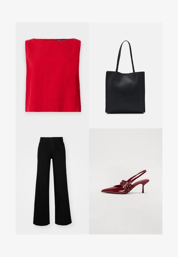 Červený top s krátkým rukávem a čtvercovým výstřihem, vyrobený z lehké bavlny, s hladkou texturou a rovnými okraji.; Černé široké kalhoty vyrobené z denimu, s pevným pasem, poutky na opasek a předními kapsami. Hladká textura s klasickým designem.; Červené lakované kožené lodičky na podpatku s špičatou špičkou, dvěma přezkami a štíhlým, středně vysokým jehlovým podpatkem. Hladký povrch.; Černá kožená taška přes rameno s hladkým povrchem, obdélníkovým tvarem a dvěma dlouhými uchy. Žádné viditelné kování ani ozdoby.