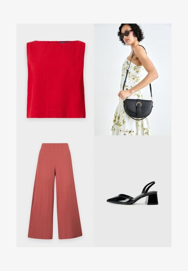 Rode top met korte mouwen en een vierkante halslijn, gemaakt van lichte katoen, met een gladde tekstuur en een rechte zoom.; Wijde broekspijpen in een roestkleur, gemaakt van gestructureerde stof met verticale ribbels. Voorzien van een hoge, elastische tailleband.; Zwarte gepatineerde leren slingback hakken met een spitse neus en een geometrische blokhak. Kenmerkt zich door een slank, minimalistisch ontwerp en een gladde textuur.; Zwarte leren handtas met een gebogen vorm, afneembare schouderband en gouden hardware. De tas heeft een klep met een gespsluiting.