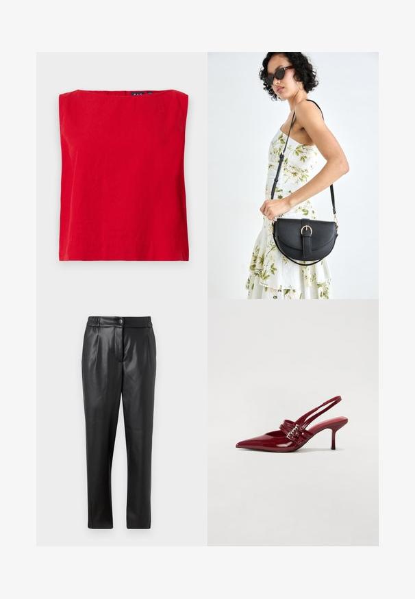 Punane lühikese varrukaga topp ruudukujulise kaelusega, valmistatud kergest puuvillast, millel on sile tekstuur ja sirge alläär.; Mustad nahkpüksid, millel on sile tekstuur, sirge lõige, elastne vöökoht ja esine nupuga sulgemine; volditud detailid ja kitsenevad sääred.; Punased lakknahast slingback kontsad, millel on terav varvas, kaks luku rihma ja saledat, keskmise kõrgusega stiletto kontsad. Sile tekstuur.; Mustmust mustraha kõverate joontega, eemaldatava rihmaga ja kuldsete detailidega. Kotil on klapp, millel on pandladetail.