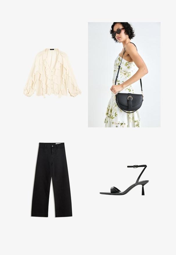 Massimo Dutti FLOWING GARMENT WITH RUFFLES - Overhemdblouse - beige; Zwarte denim broek met wijde pijpen en een hoge taille, voorzien van voor- en achterzakken, gestikte naden en een knoopsluiting. Gladde textuur.; Bershka Sandalen met hoge hak - black; Zwarte leren handtas met een gebogen vorm, afneembare schouderband en gouden hardware. De tas heeft een klep met een gespsluiting.