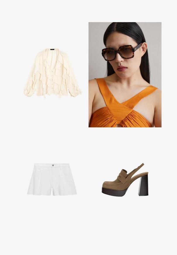 Massimo Dutti FLOWING GARMENT WITH RUFFLES - Camicia - beige; Pantaloni corti in cotone bianco con vestibilità rilassata, dotati di tasche frontali, chiusura con bottone e cuciture piatte per una finitura liscia.; Décolleté in camoscio marrone con plateau, dotate di un tacco a blocco spesso e rigato e una larga fascia sulla parte superiore, con una punta arrotondata.; Occhiali da sole oversize in tartaruga marrone con una ampia montatura rettangolare e lenti sfumate. Dettaglio del logo in oro sul lato.